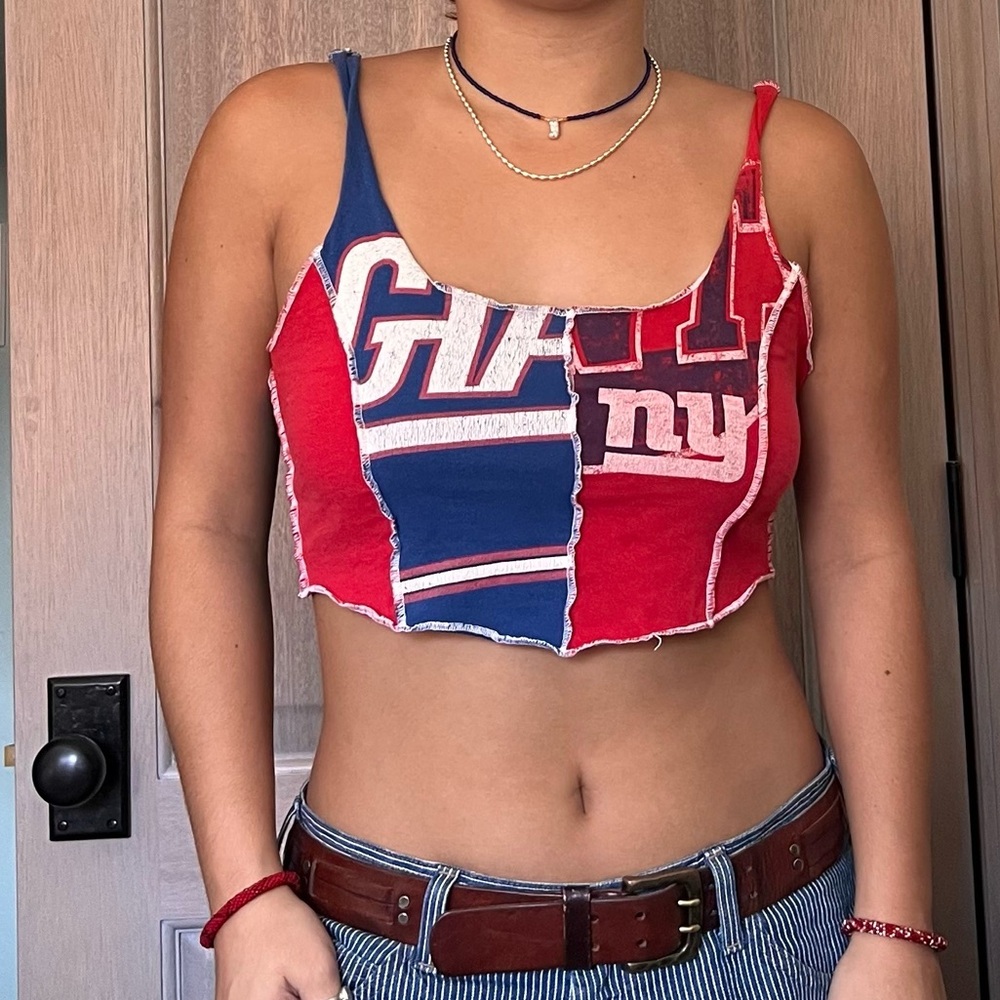Furst of a Kind Patchwork Red and Blue NY Giants Crop Top